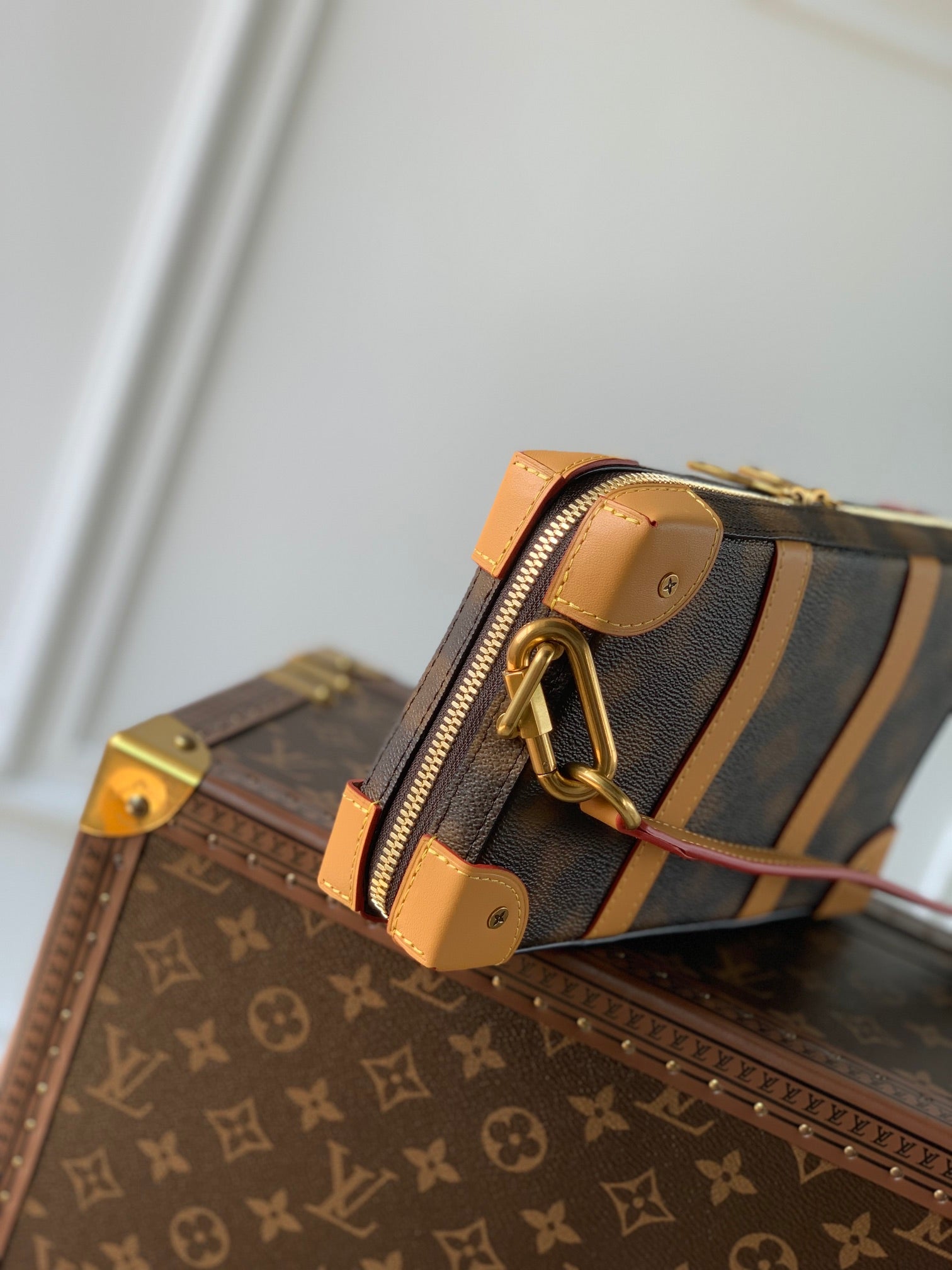 M81580 本Soft Trunk 手袋將路易威登的經典元素引入創意幻境。波浪線條和Blurry Monogram 帆布的失焦圖案彷彿超現實主義畫卷，彰顯Virgil Abloh 對孩童想像的深邃洞察，以矚目格調令個人物品輕鬆隨行。尺寸：22.5 x 14.0 x 5.0 公分(長x 高x 寬)#15760
