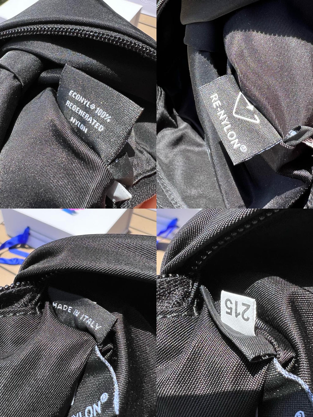 可調式尼龍腰帶和側面插扣，拉鍊開合琺瑯金屬三角形標誌與adidas Re -Nylon 徽標