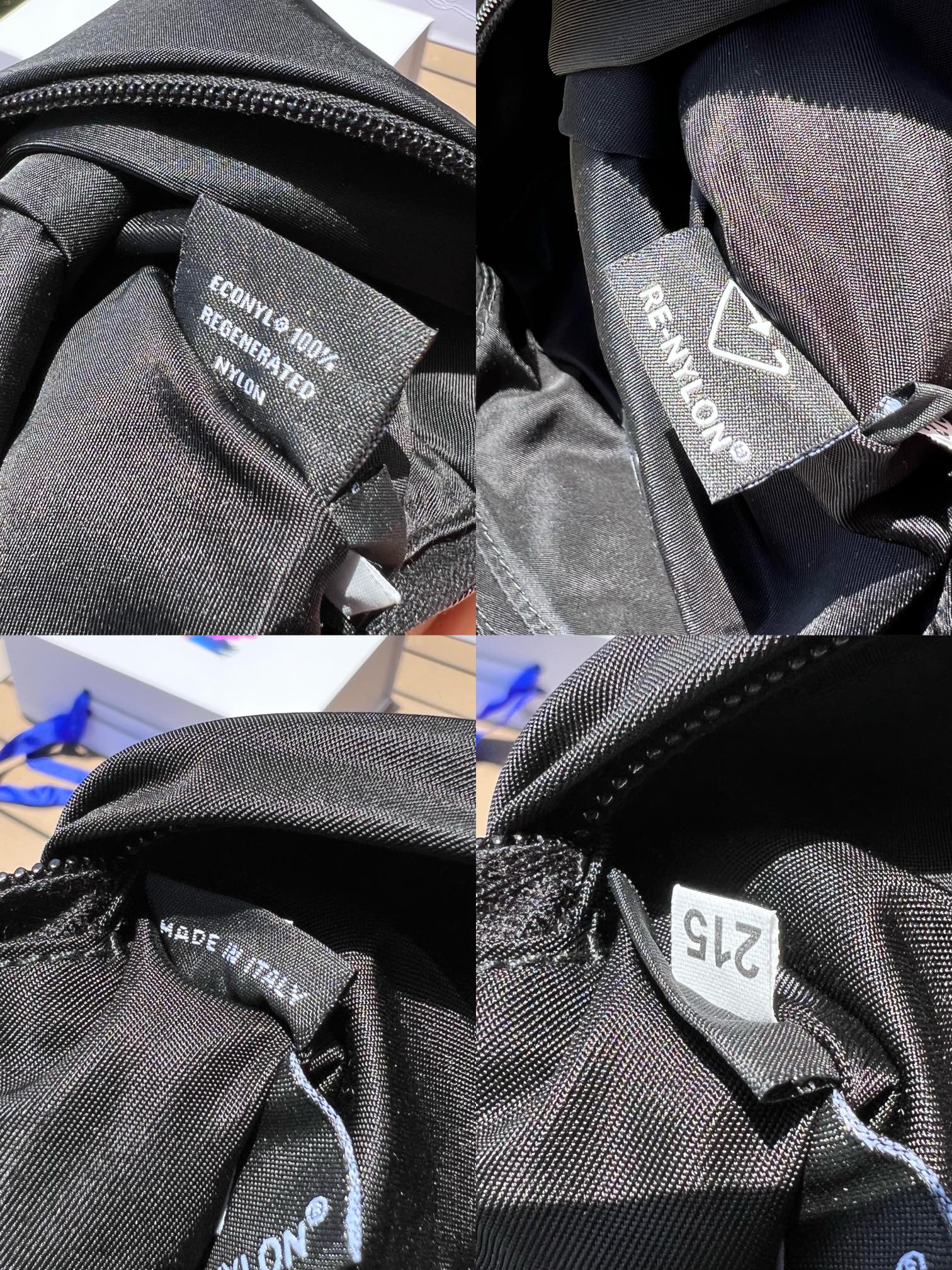 可調式尼龍腰帶和側面插扣，拉鍊開合琺瑯金屬三角形標誌與adidas Re -Nylon 徽標