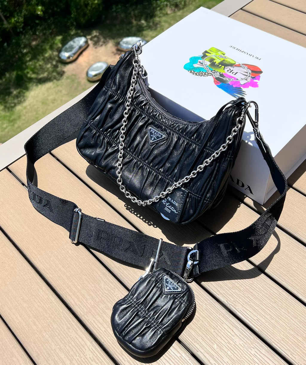 尺寸:23×17×6cm（571050898） PRADA通路資源特供hobo三合一❗️Prada褶皺三合一